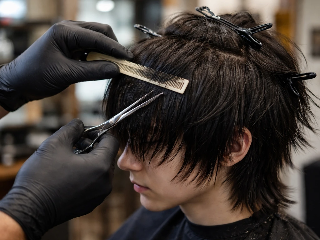 Barber hands micro-trimming an emo haircut crown and fringe tips with a guide comb and scissors.