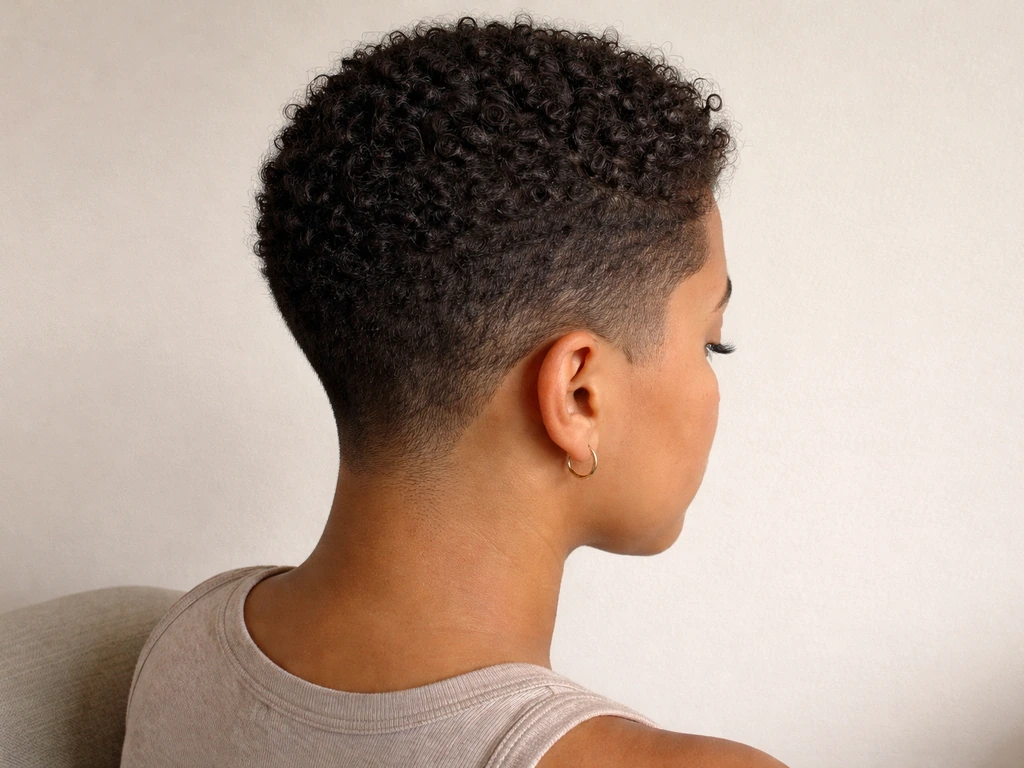 Natural hair taper grow-out in progress with longer top and shorter sides/back, textured and realistic.