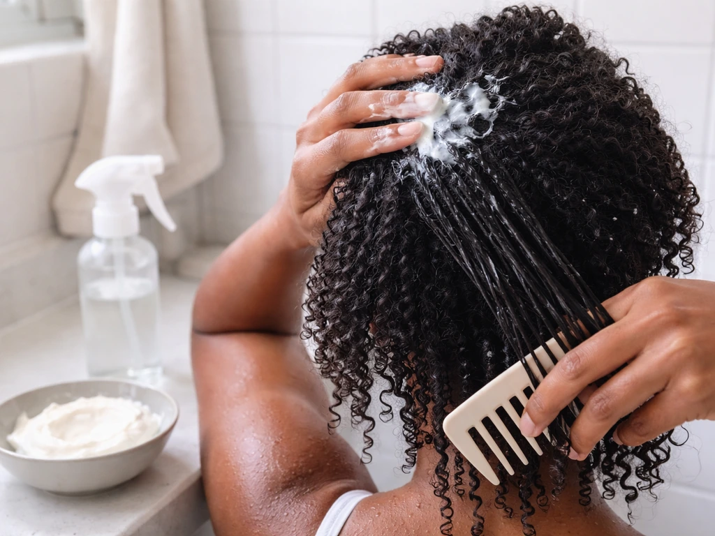 Hands applying conditioner to damp natural hair, detangling gently on a bathroom counter.