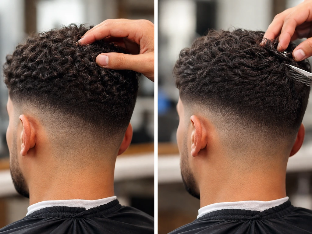 Close-up of barber hands blending a taper grow-out using curls and subtle texture work on two sides.