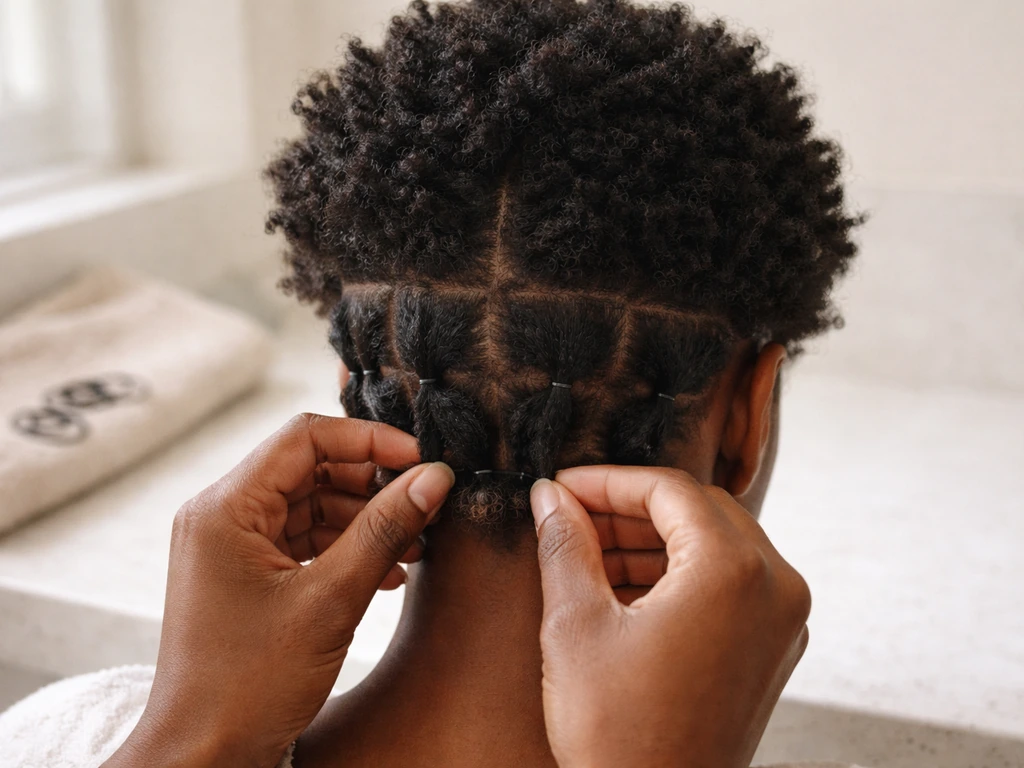 Hands gently stretch short natural hair using banding-style bands in a calm bathroom setting