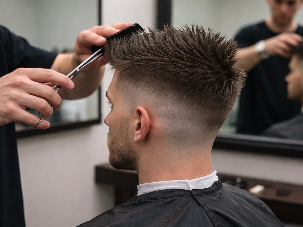 Barber trimming a man’s hair: longer center strip with shorter sides in a simple salon mirror setting.