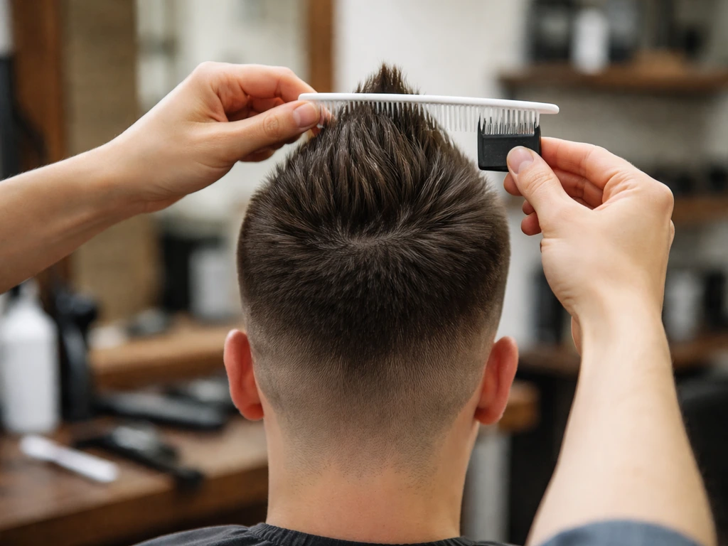 Hair stylist uses a comb and clipper guard to check hair length and taper in a barbershop