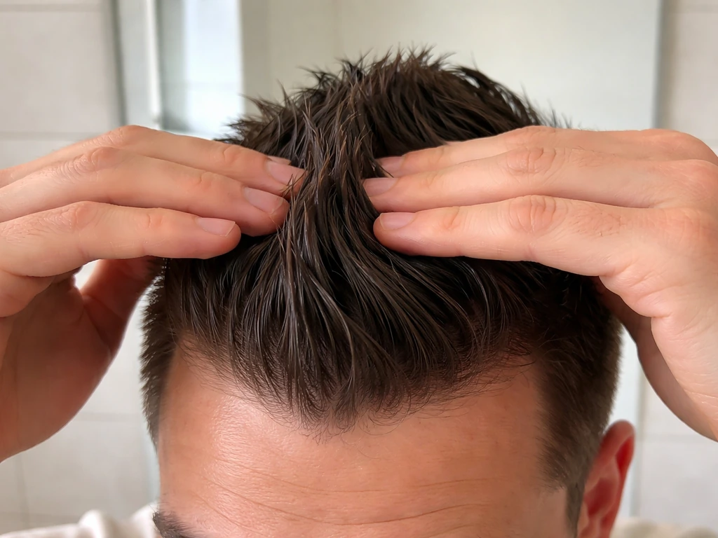 Hands apply pomade to damp hair and shape a low, compressed faux hawk center.