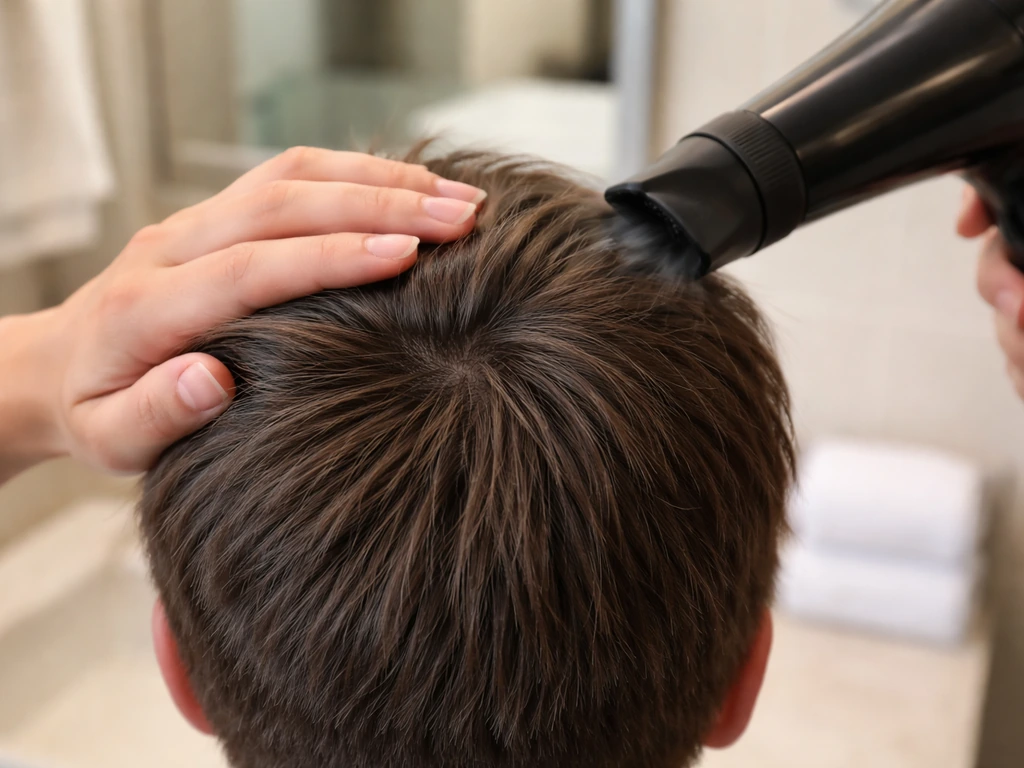 Close-up of cowlick smoothing at the crown while blow-drying hair being held flat and trained