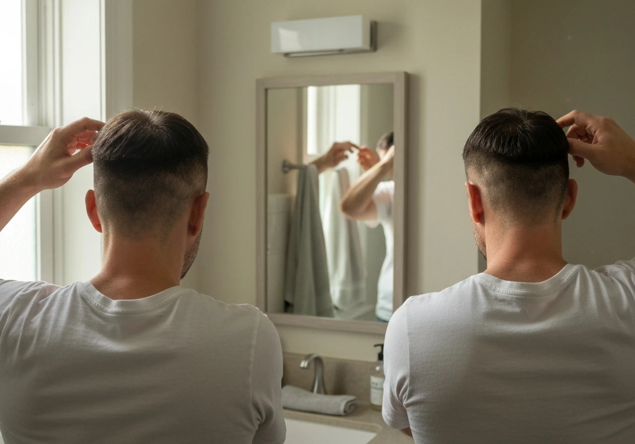 Man grooming at a bathroom mirror, showing buzz cut grow-out stages with different head lengths.