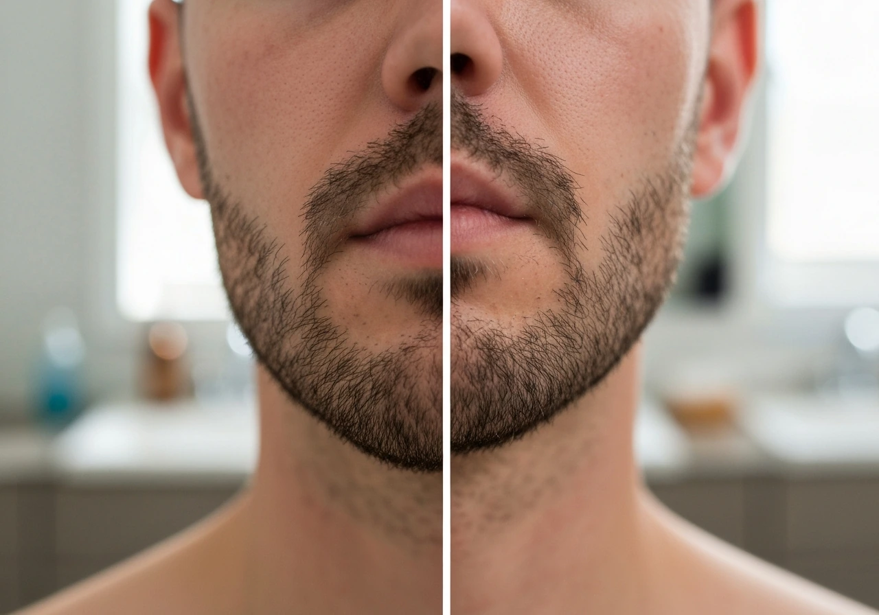 Close-up split view of #0 stubble: one side clean edges, other side uneven natural growth direction.