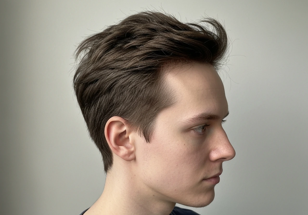Side view of a man in a simple studio setting, messy transitional hair texture in month 2 awkward stage