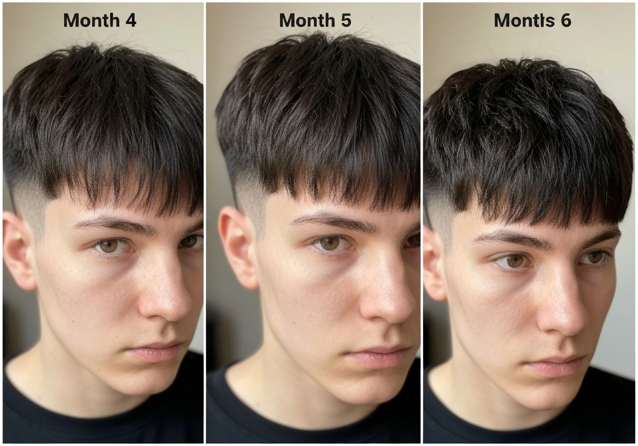 Hair progression montage-style photo: side part emerging and short fringe lengthening on a neutral background.