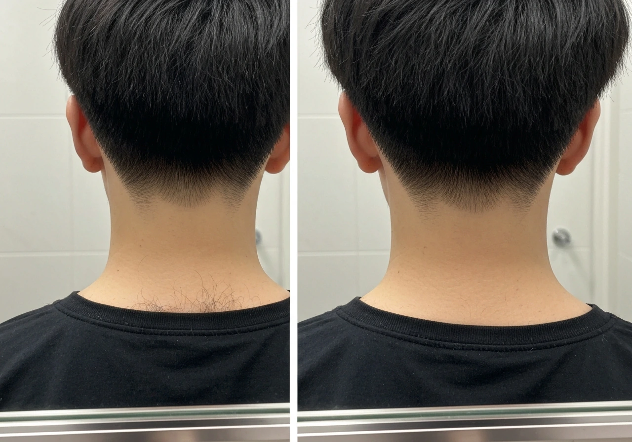 Split before-and-after of neckline cleanup on hair growth, minimal bathroom setting, no face visible.