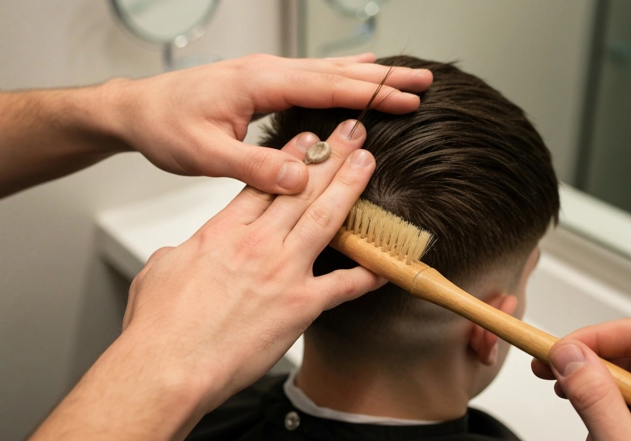 Barber’s hands squeezing matte clay and smoothing it through hair near a mirror, minimal vanity setting
