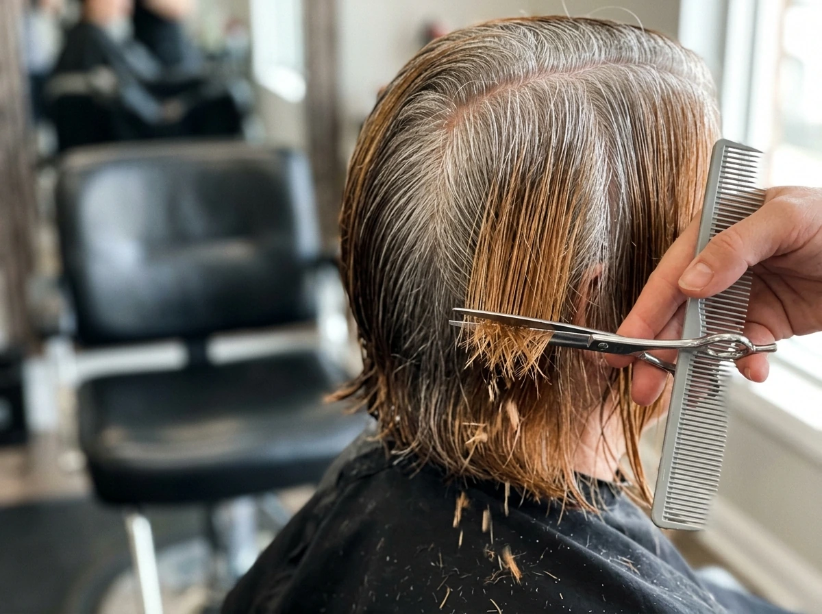 Stylist snipping off dyed ends to help speed the grow-out