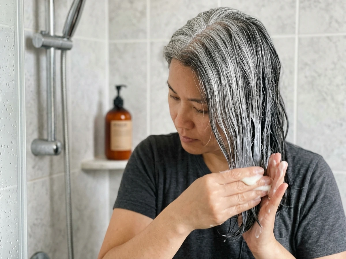 Hands applying sulfate-free conditioner to dry dyed ends and gray roots