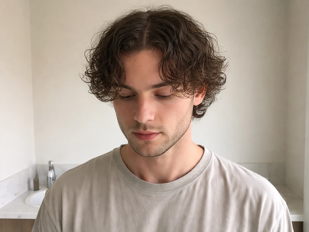 Male with a perm grow-out showing curly ends and flatter, straighter roots in a simple bathroom setting