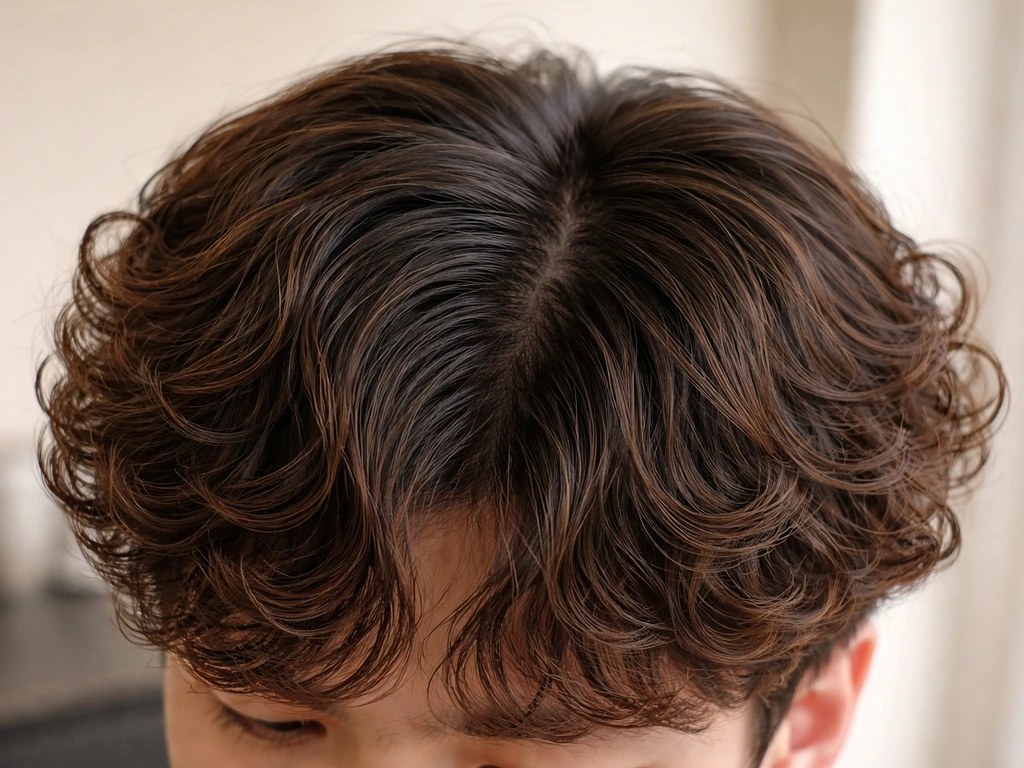 Male model’s hair close-up showing natural roots blending into permed ends with a flat-to-curly transition