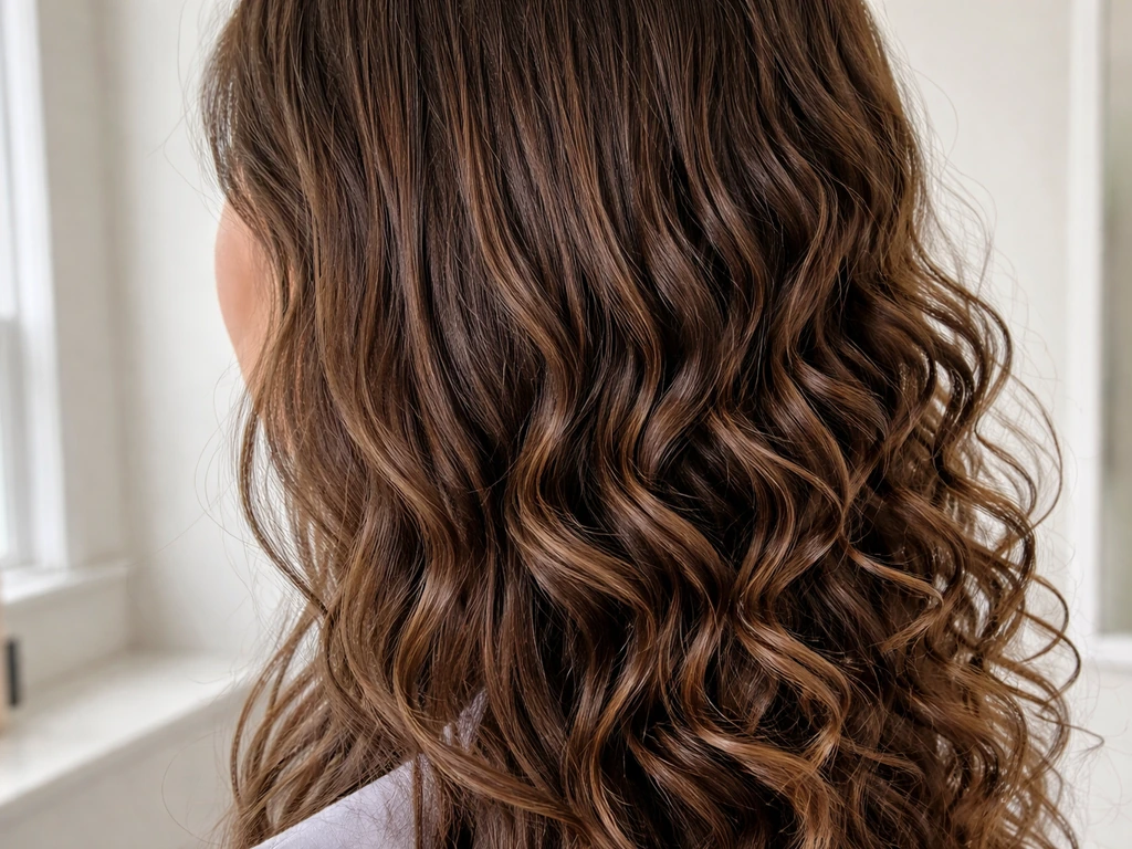 Close-up side view of styled hair showing flatter roots near scalp and curly ends.