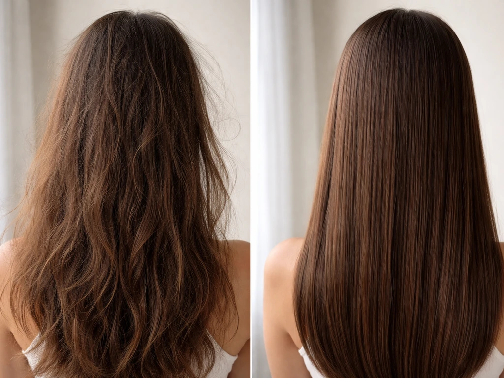 Two close-up sections of hair showing frizz after mist/air-dry versus smoother hair after proper routine.