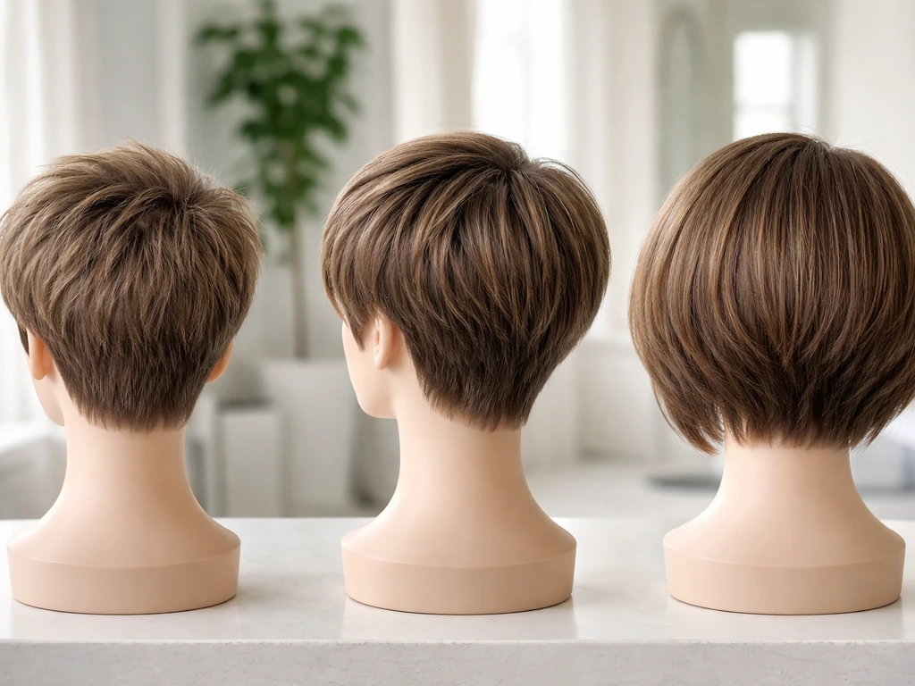 Three staged mannequin heads showing pixie grow-out stages from short pixie to bob, highlighting bangs and nape.