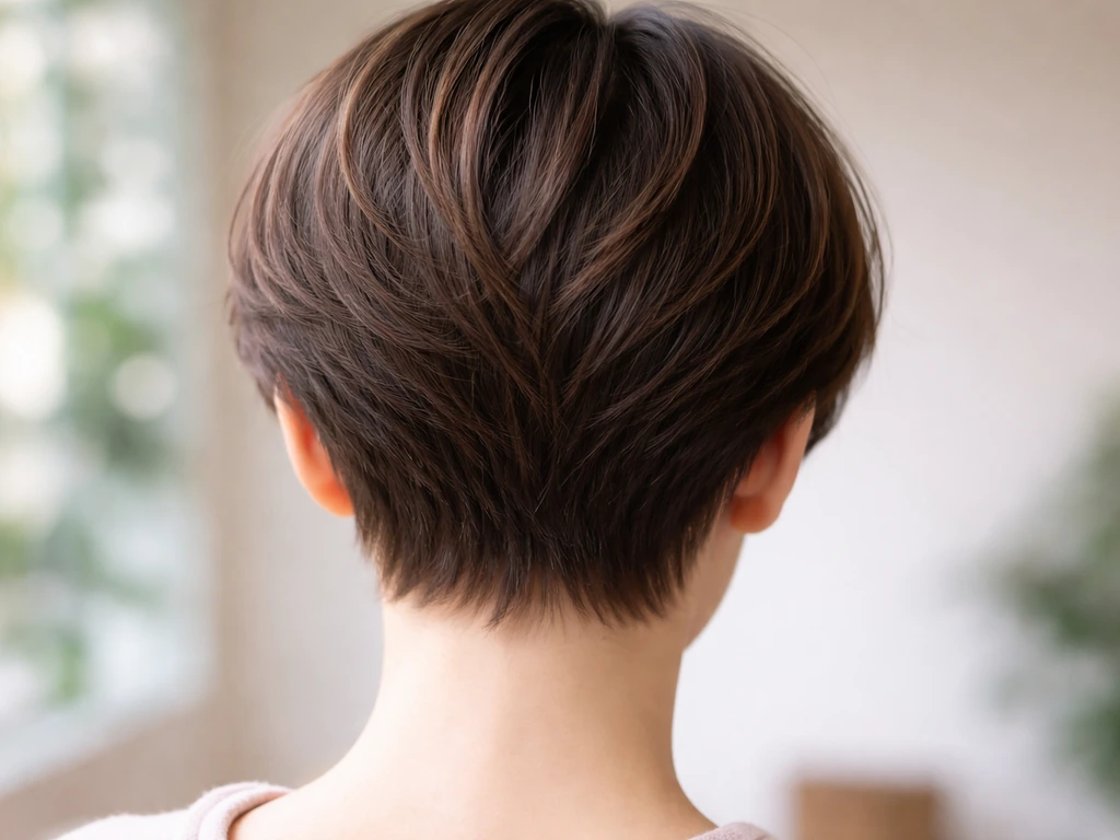 Close-up of a clean pixie haircut with the nape curling and the top lifting slightly in natural light.