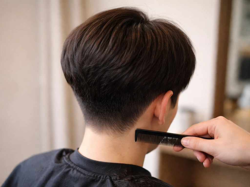Anonymous person in salon with crown puffs outward, showing mushroom/helmet hair shape from behind.