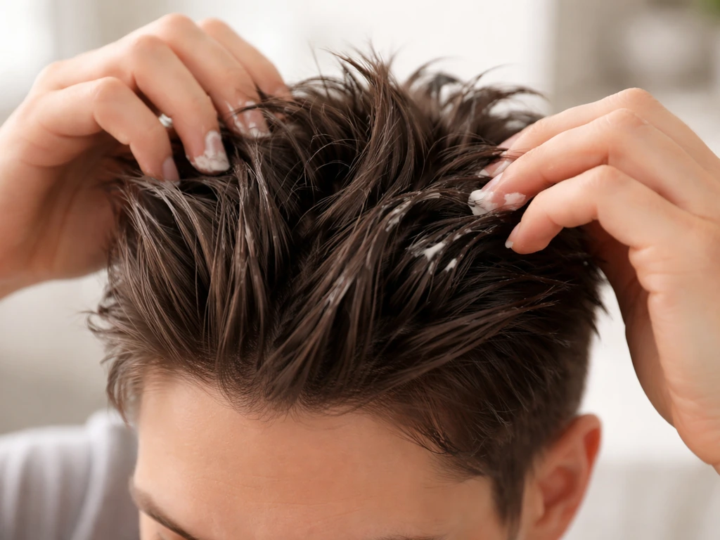 Hand applying hair product to the lifted crown area, creating light texture to reduce puff.