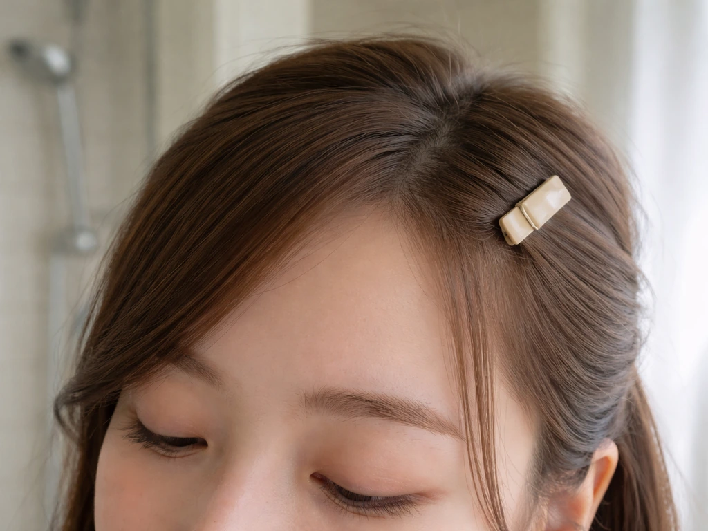 Close-up of a person pinning side-swept bangs away from the face with a small hair clip