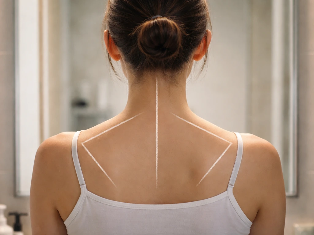 Back-of-head in mirror with a clear V-taper neckline shape and thin mirror guide lines to check it.