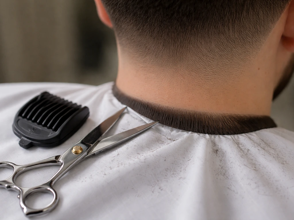 Close-up of barber shears and clipper guard beside neatly blended neckline hair with preserved graduation.