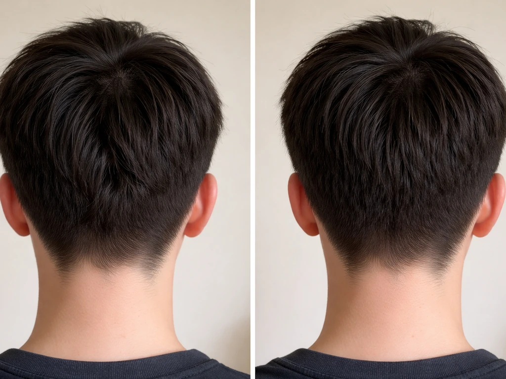 Split view of nape cowlick breaking a V hairline vs brushed alignment restoring the V-point.