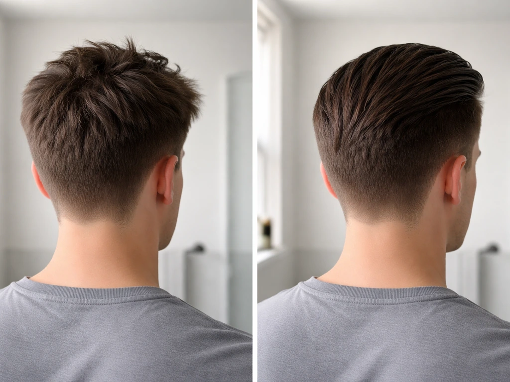 Close-cropped before-and-after showing an awkward taper (messy) vs styled with medium-hold product (defined).