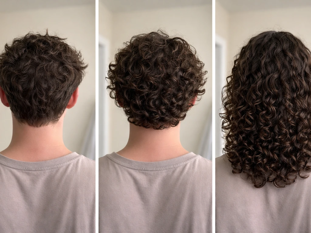 Three close-up panels of hair grow-out stages: slight curl, messy defined waves, cohesive longer curls.