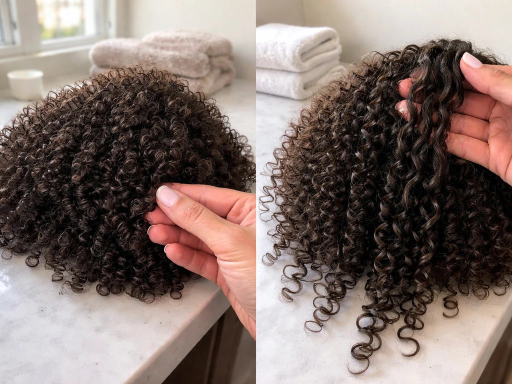 Two close-up views of curly hair—shrunken vs gently stretched—with styling products applied on a clean counter.