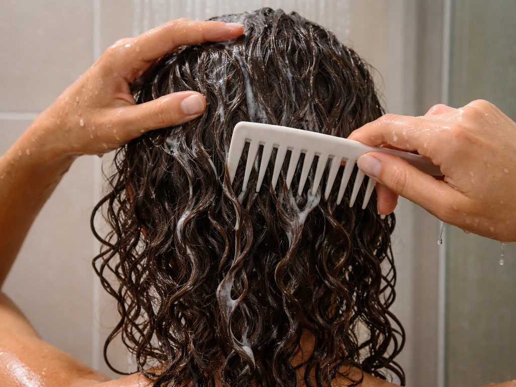 Soaking-wet curly hair in a shower with conditioner, detangling gently using a wide-tooth comb.