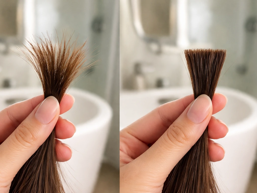 Hands holding two hair strands showing frayed ends vs smoother ends for trimming comparison.