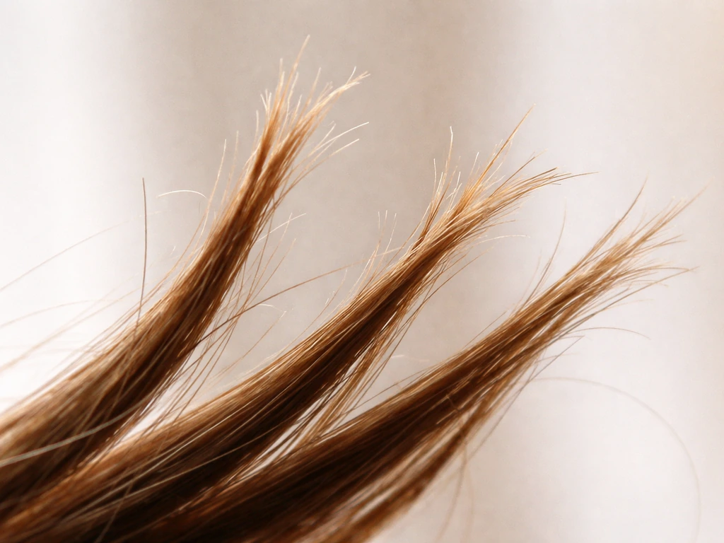 Macro close-up of hair tips showing clear split ends and frayed hair strands.