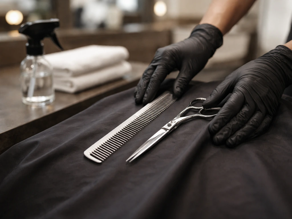 Hair stylist’s gloved hands ready comb and shears on a salon cutting station for a maintenance trim.