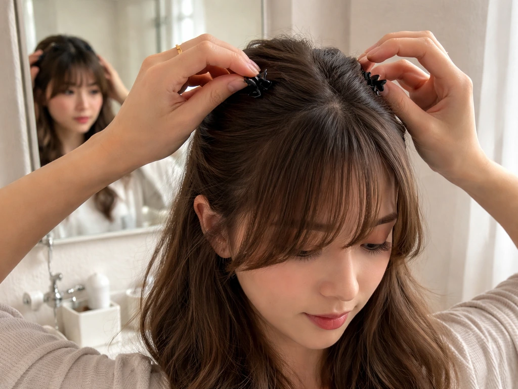 Hands section hair with clips while keeping bangs loose during a grow-out styling session.
