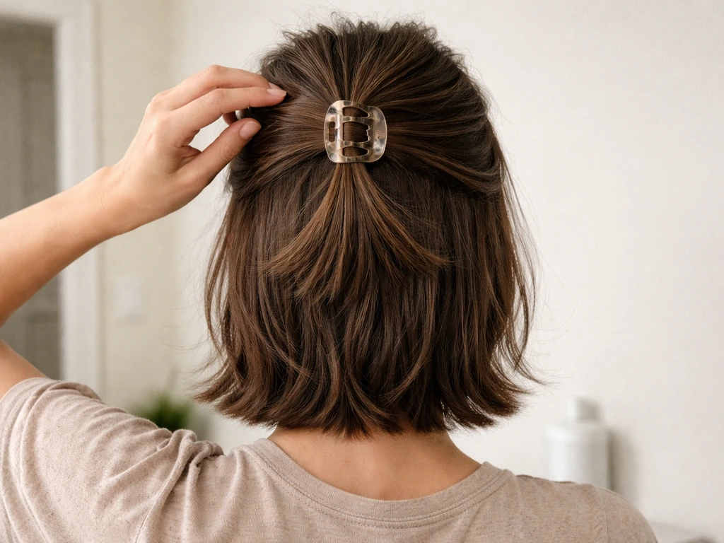 Half-up hair clip styling on uneven grow-out layers, making the awkward transition look intentional.