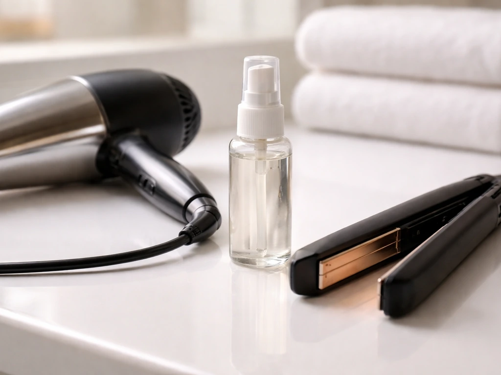 Close-up of a blow dryer and hair heat protectant bottle on a vanity with safe, minimal setup.
