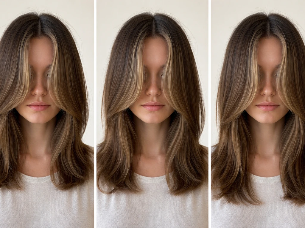 Anonymous model showing three front hair lengths: eye/cheekbone, past chin awkward overlap, and toward collarbone.