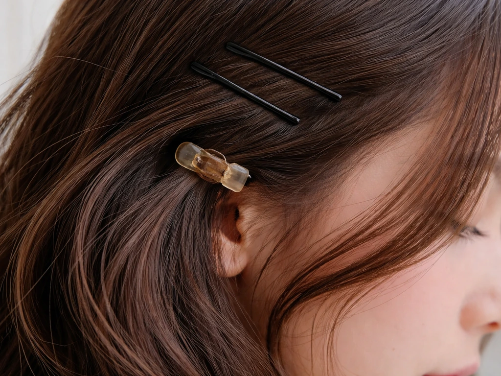 Close-up of bobby pins and clips securing face-framing hair strands at the temples