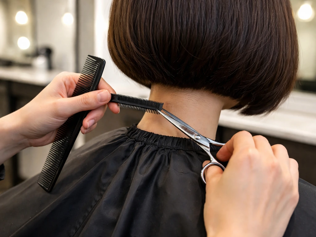 Hairstylist trimming and blending dark hair with shears over a client strand in a calm salon.