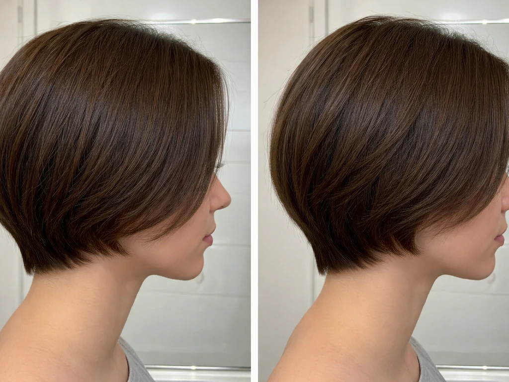 Before/after close-up of jawline hair bulk on one side and softened blended layers on the other.