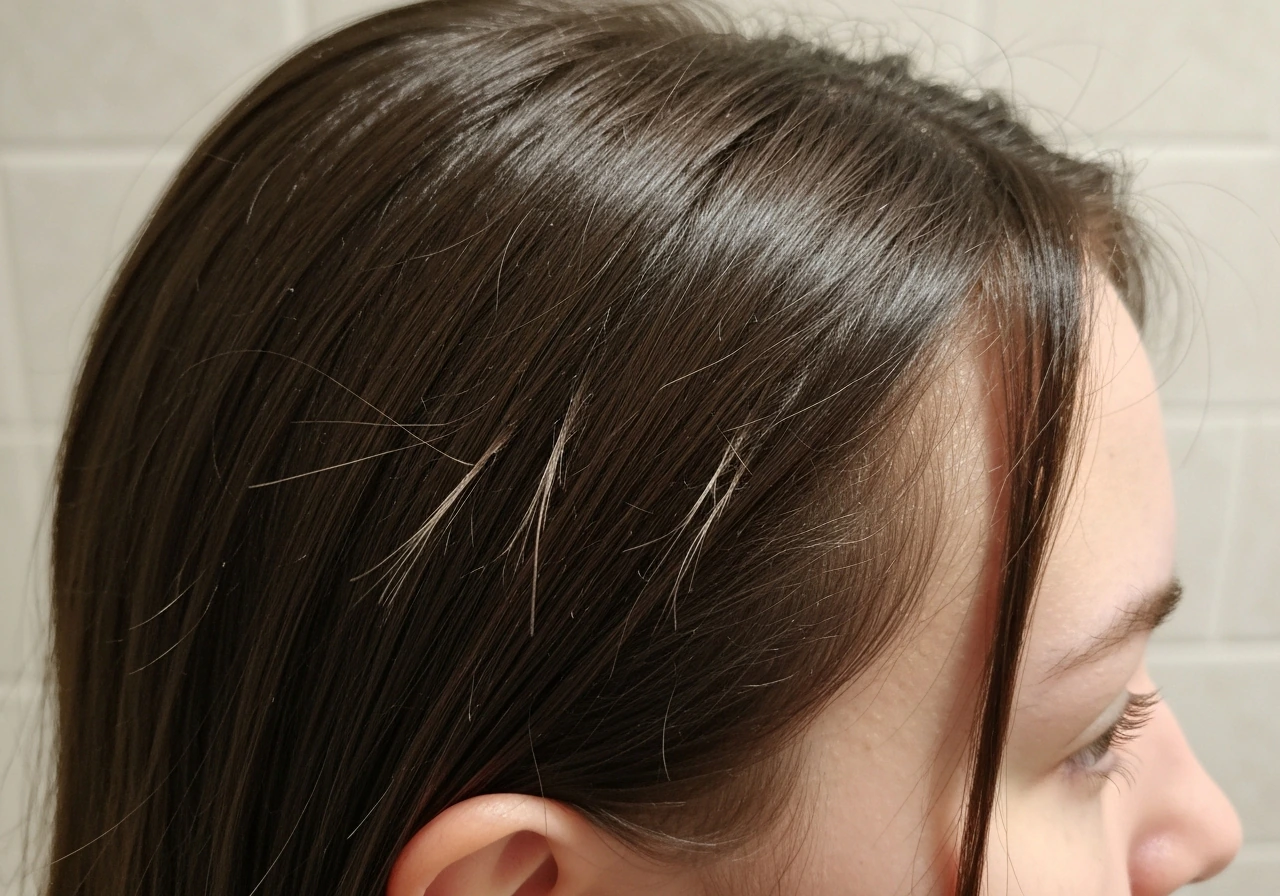 Close-up of hairline near ear showing short broken hairs mixed with longer intact strands.