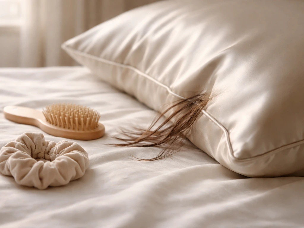 Satin pillowcase with loose hair and a small brush, showing reduced friction for gentler hair care.