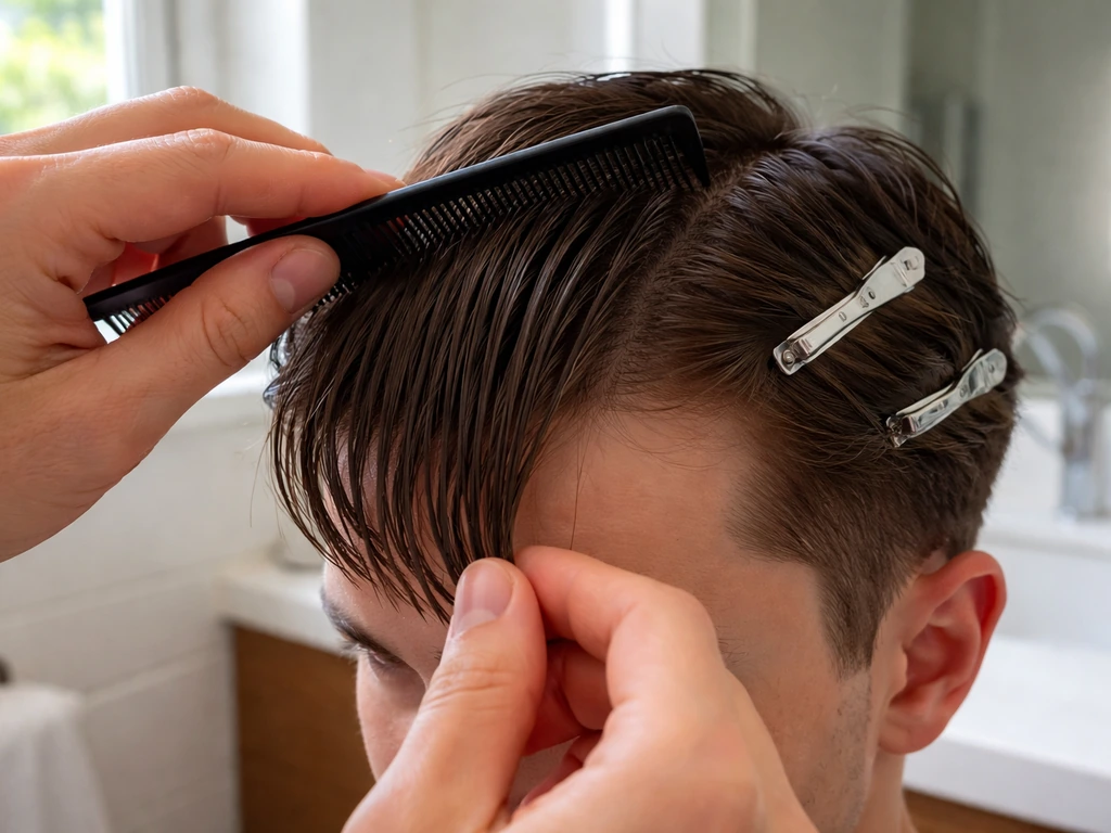 Hands use a comb and section clips to direct and train front hair after washing.