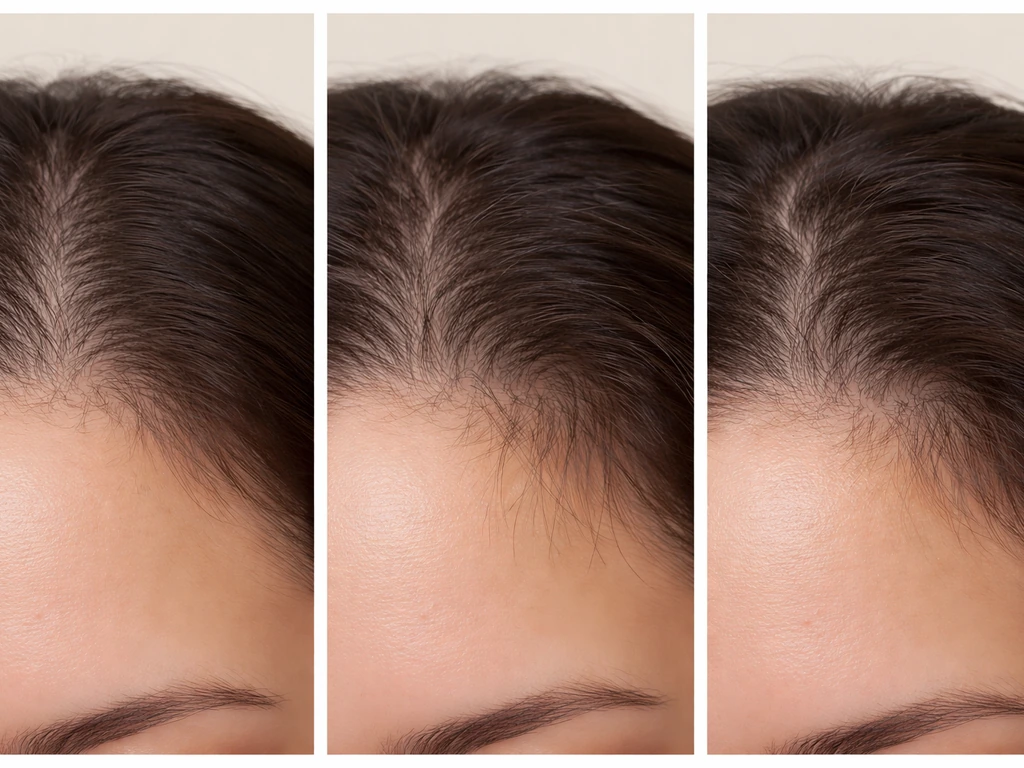 Close-up comparison of hairline thinning, breakage, and uneven regrowth with three hair strands sections