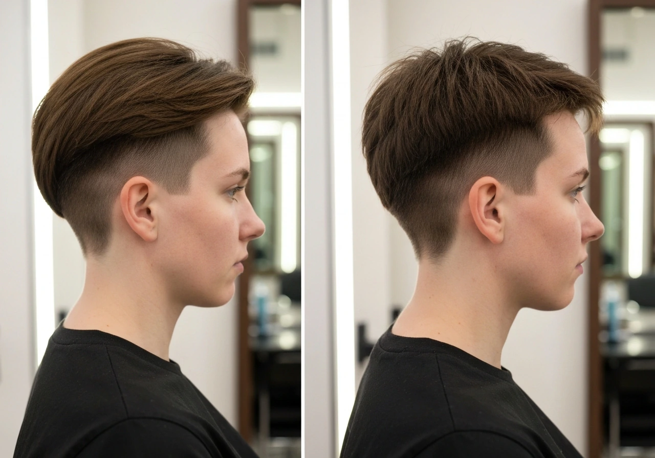 Side-by-side view of a female undercut: fresh buzz on one side, regrowing undercut on the other.
