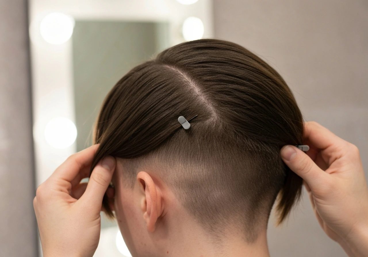 Close-up of side-swept hair pinned back to blend early undercut regrowth