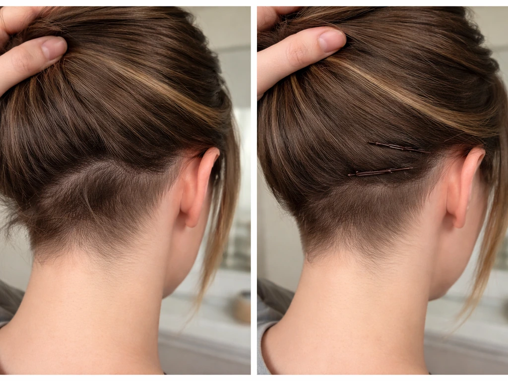 Before-and-after close-up of undercut regrowth cowlicks smoothed by tucking hair direction with pins.